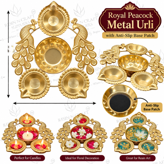 Royal Peacock Metal Urli for Candle Art & Decoration | Golden Diya Candle Holder with Anti-Slip Base
