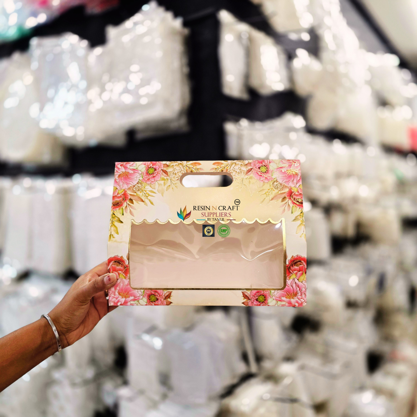 Premium Floral Card Paper Bag Style Gift Hamper Box with Window & Handle (3 Jar Capacity)