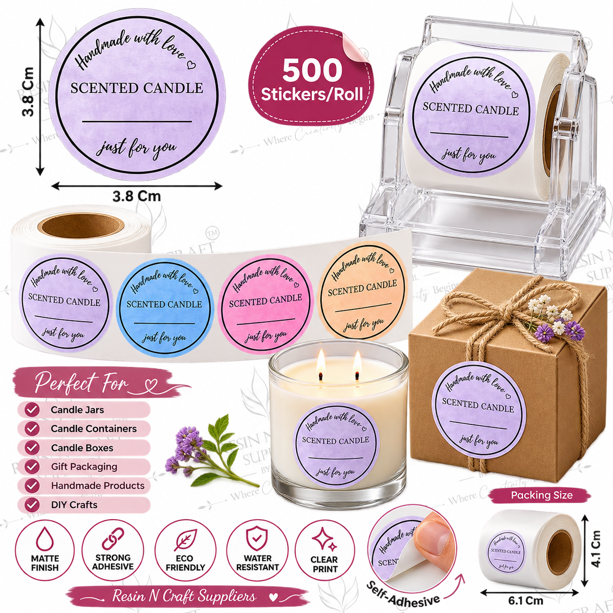 Scented Candle Label Sticker Roll – Handmade With Love | 500 Stickers (0013604100)