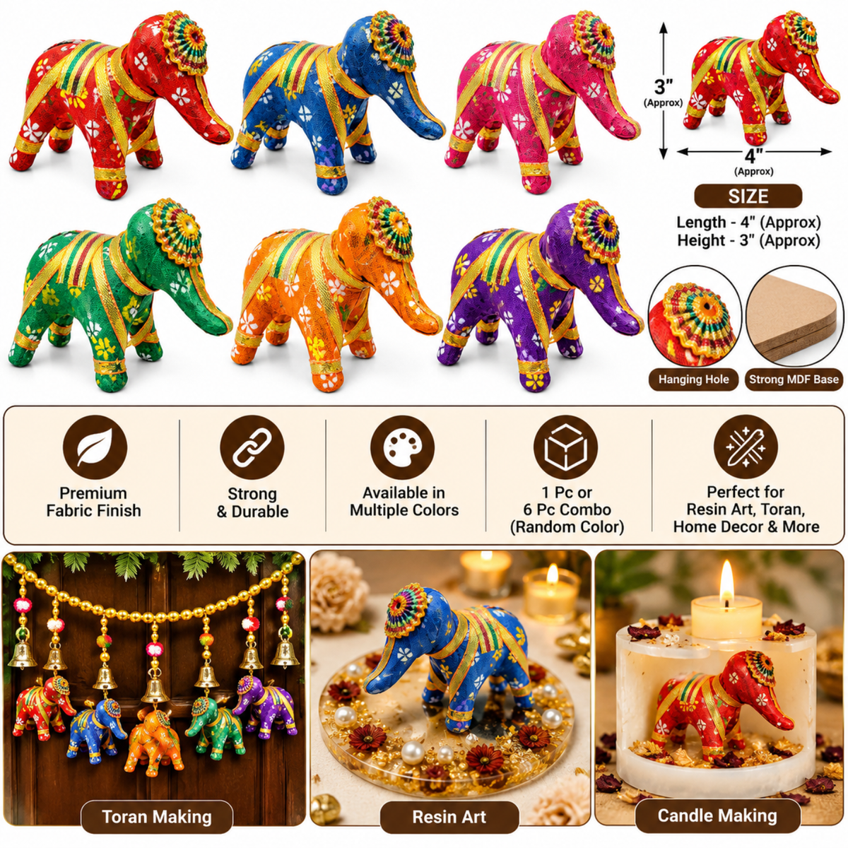 Decorative Fabric Elephant MDF Cutout – 4×3 Inch | Elephant Latkan for Resin Art, Toran & Home Décor