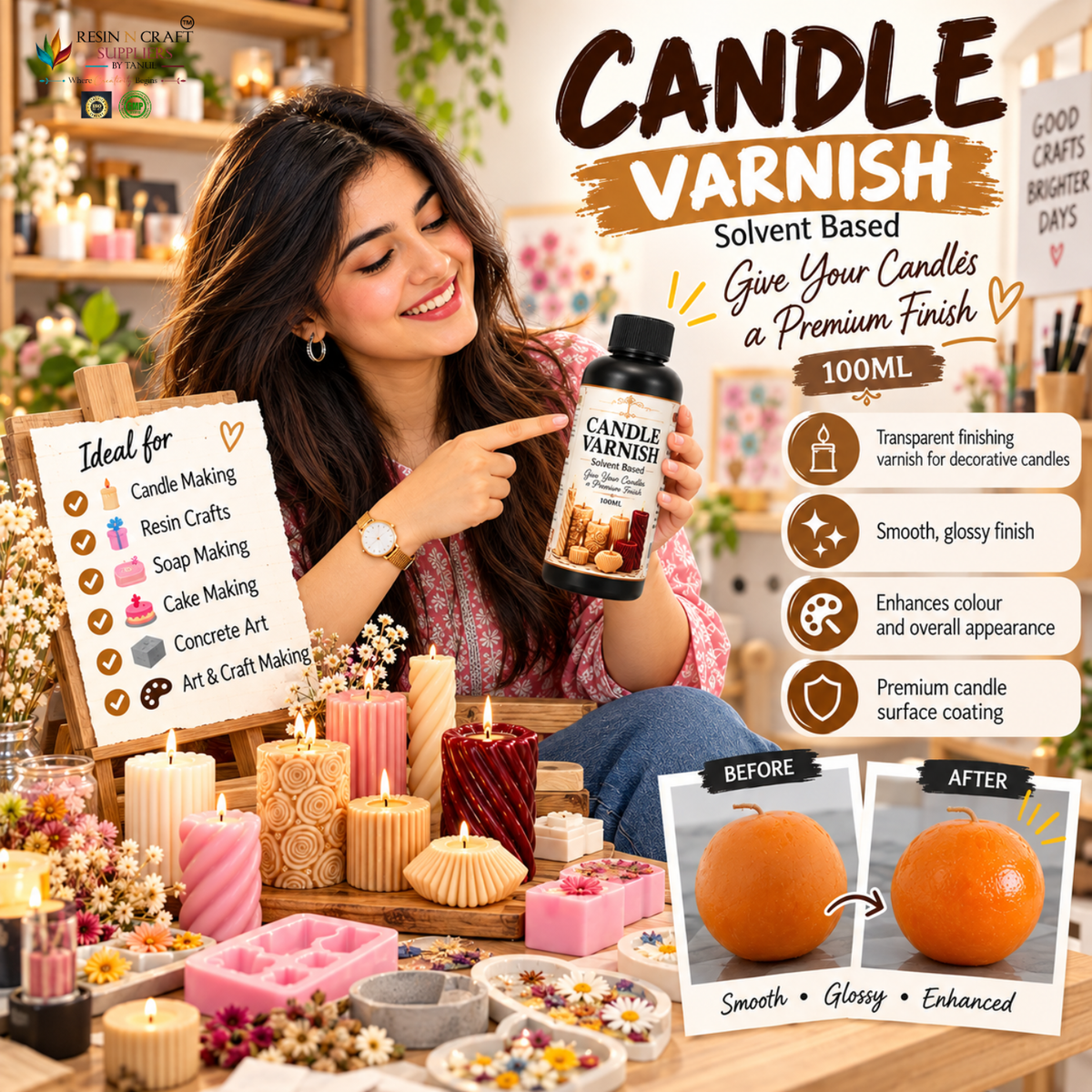 Just Craft It Candle Varnish – Solvent Based – 100ML | Glossy Candle Finishing Varnish