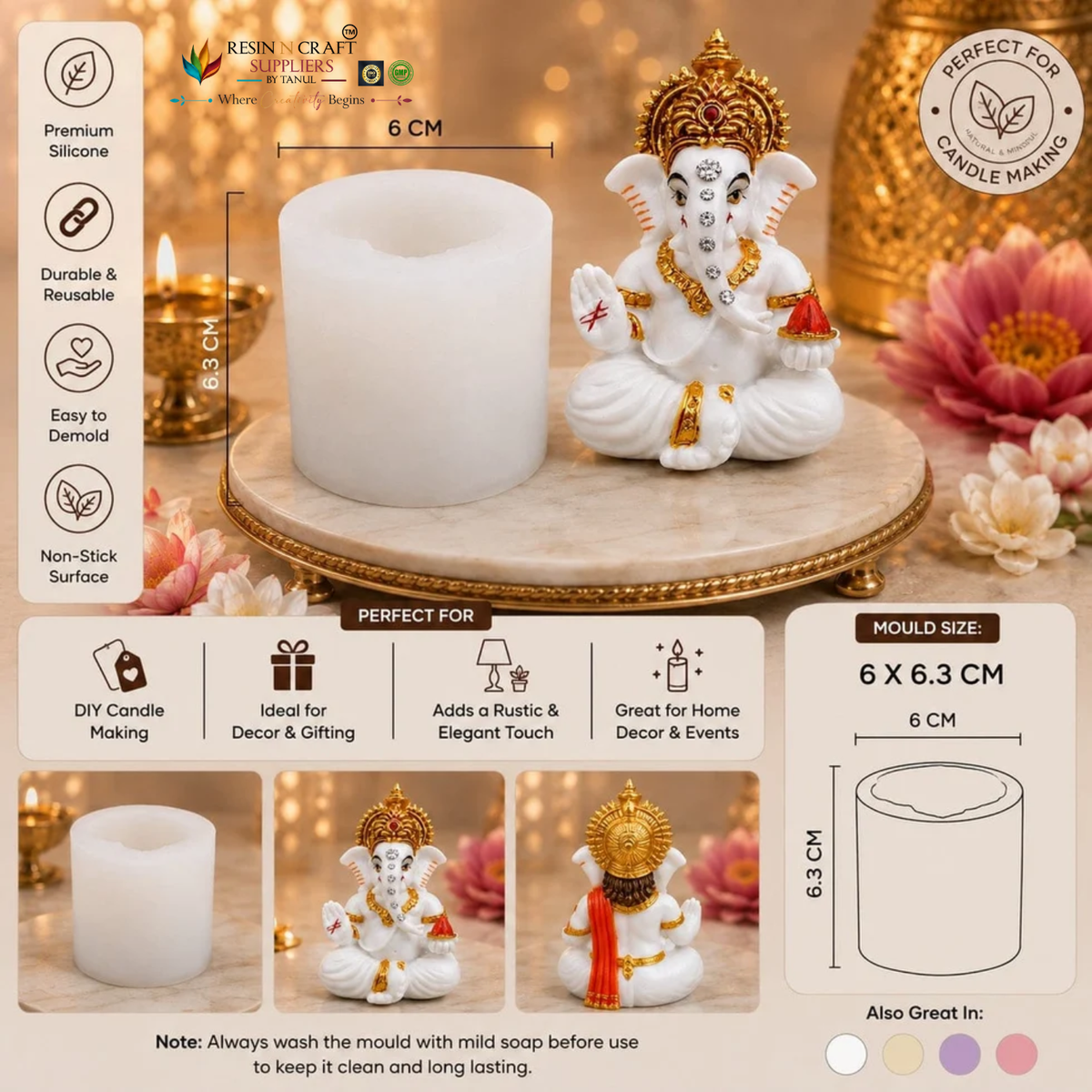 3D Lord Ganpati Idol Silicone Mould – 6 cm Diameter × 6.3 cm Height (RIHM036)