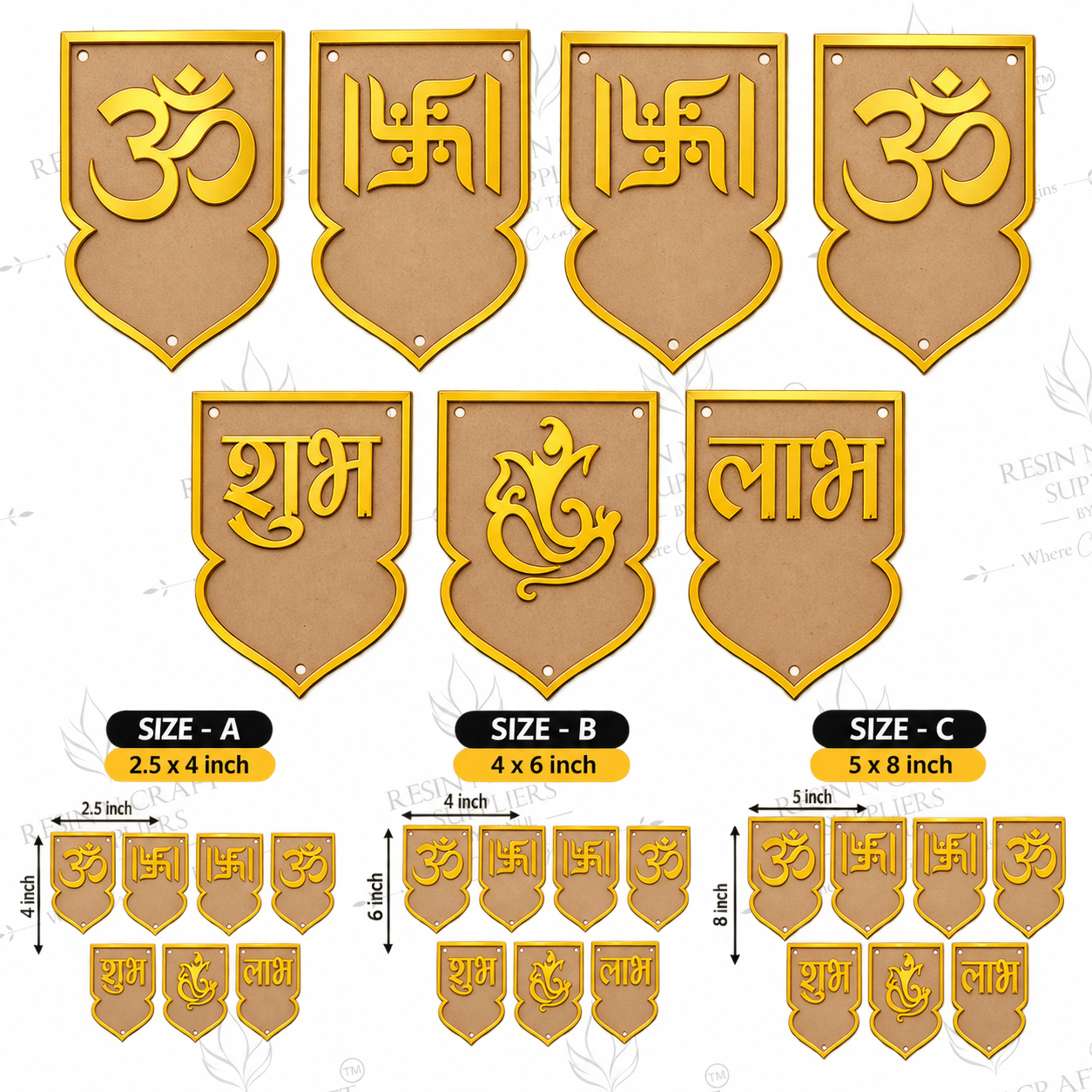 MDF Shubh Labh Toran Raw Set with Golden Acrylic | 7 Pcs DIY Hanging & Latkan Base – 3 Sizes (RBT001D)