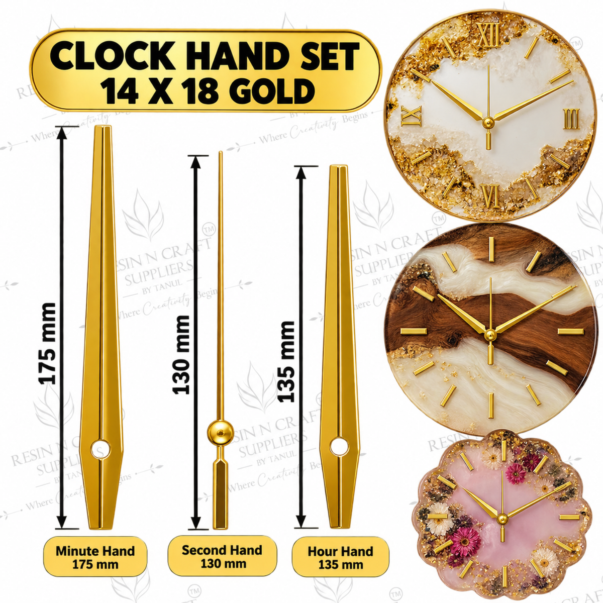 Clock Hand Set 14 × 18 Gold | 175mm Large Gold Clock Hands for Resin Clocks