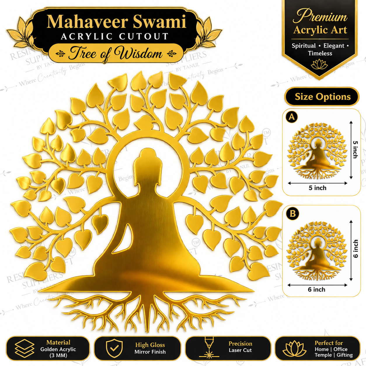 Mahaveer Swami Tree of Wisdom Gold Acrylic Cutout – Premium Jain Décor