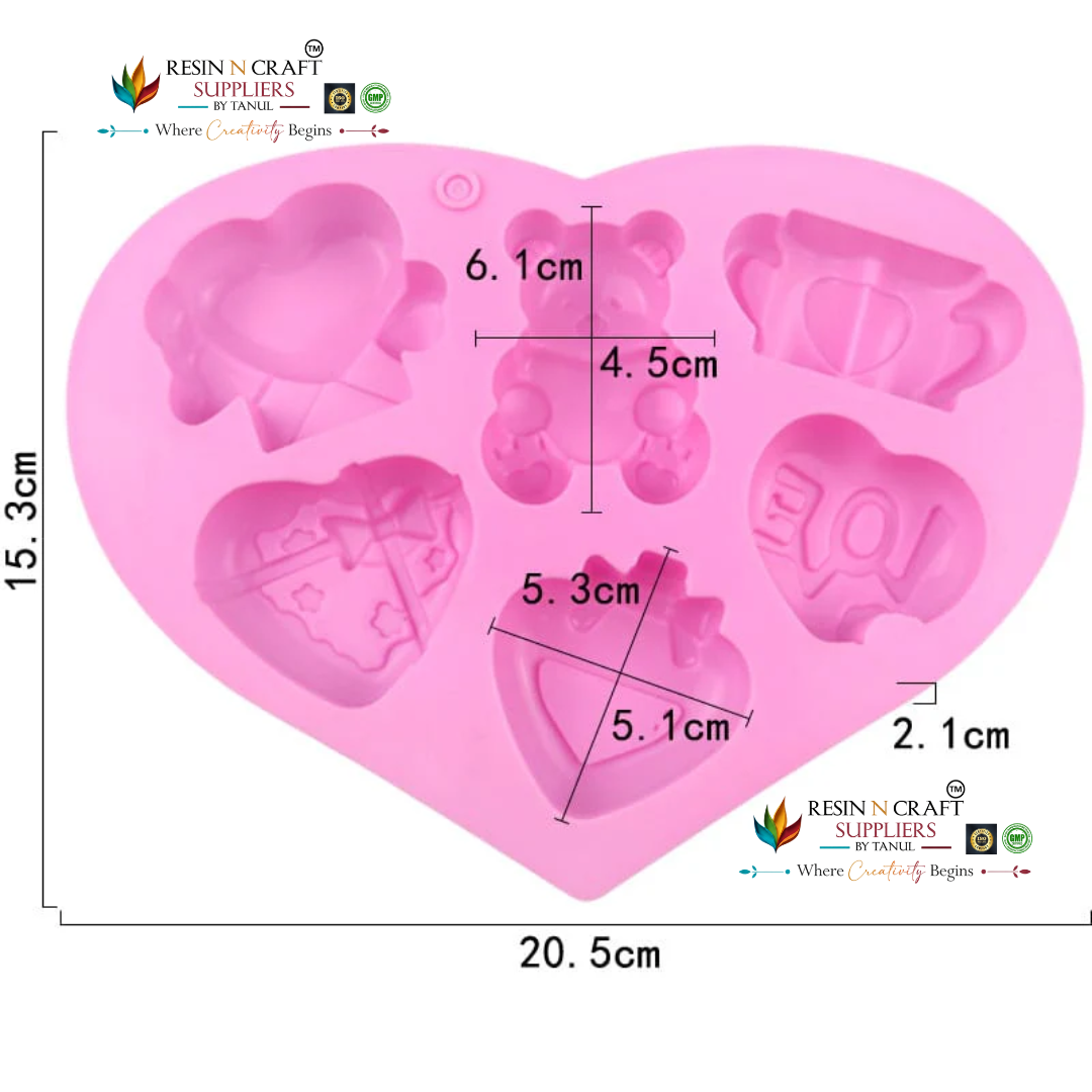 7 Cavity Valentine Teddy Bear & Love Hearts Silicone Mould for DIY Concrete Art, Resin Crafts, Soap Making & Cake Making(RSM1429M)