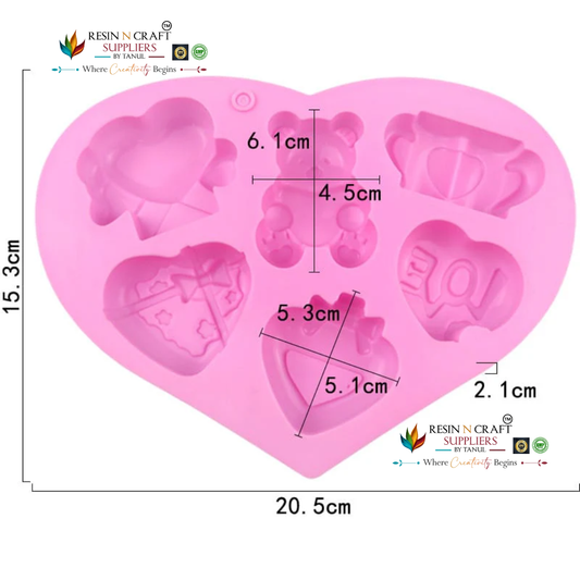7 Cavity Valentine Teddy Bear & Love Hearts Silicone Mould for DIY Concrete Art, Resin Crafts, Soap Making & Cake Making(RSM1429M)