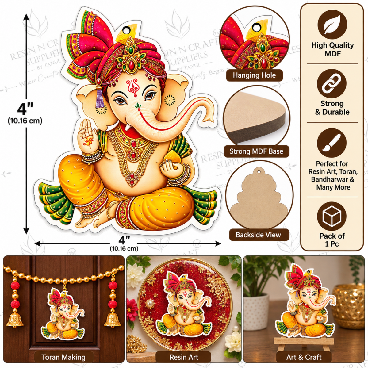 Lord Ganesha MDF Cutout 4×4 Inch – 1 Pc | Ganesh MDF Cutout for Resin Art, Toran, Bandhanwar, Pooja & Home Décor