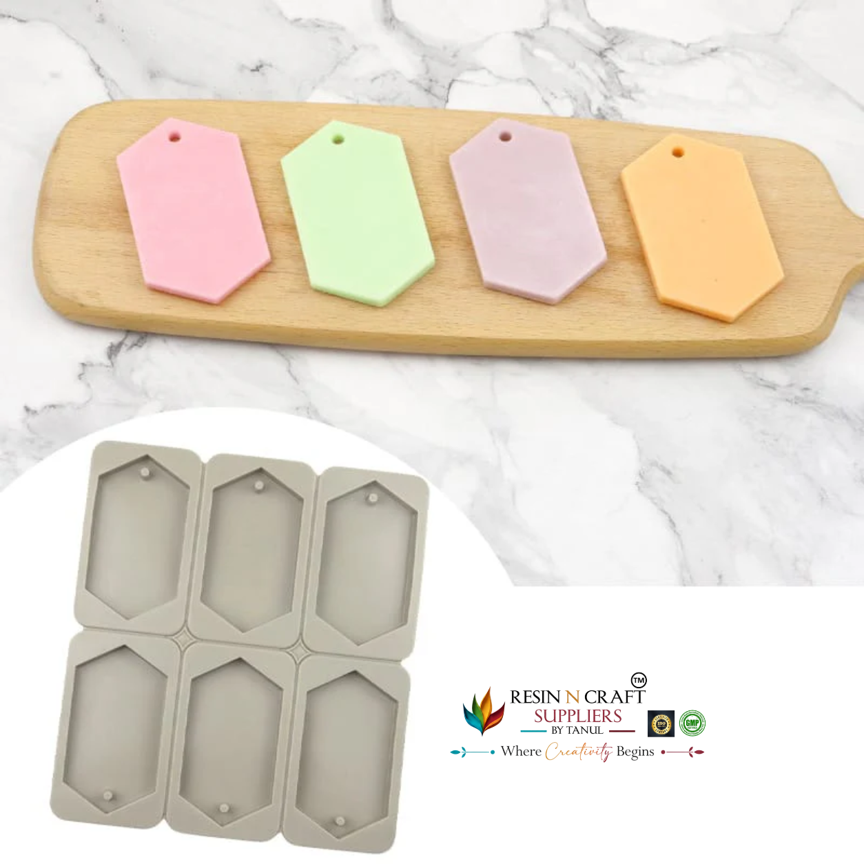 6-Cavity Elongated Hexagon Hanging Tag Mould for DIY Concrete Art, Scented Wax Sachets, Resin Crafts, Soap Making & Cake Making Silicone Mould(RSM1453M)