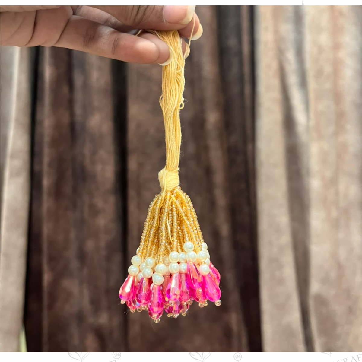 Pink Crystal Mala Latkan 10 Pcs Pack – Golden Beaded Latkan with Pearl & Pink Beads for Toran, Bandhanwar & DIY Craft