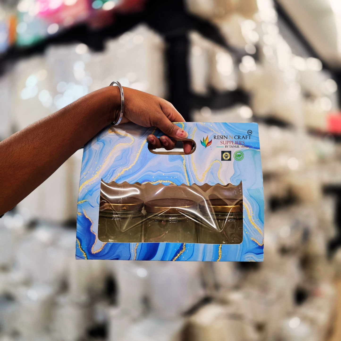 Premium Marble Print Card Paper Bag Style Gift Hamper Box with Window & Handle | 3 Jar Packaging Box