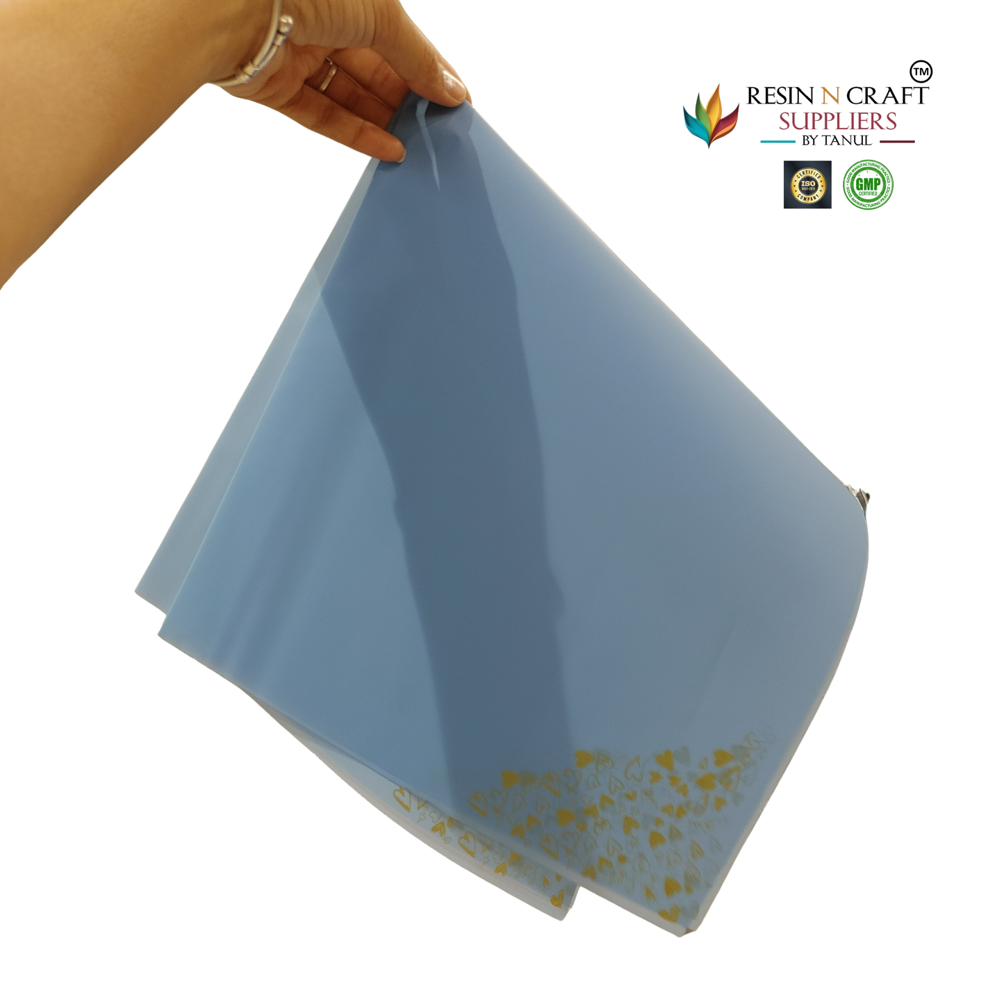 Sky Blue with Gold Heart Design Waterproof Flower / Gift Wrapping Sheets – 5 Pcs (22×22 Inch) / Packing Sheet