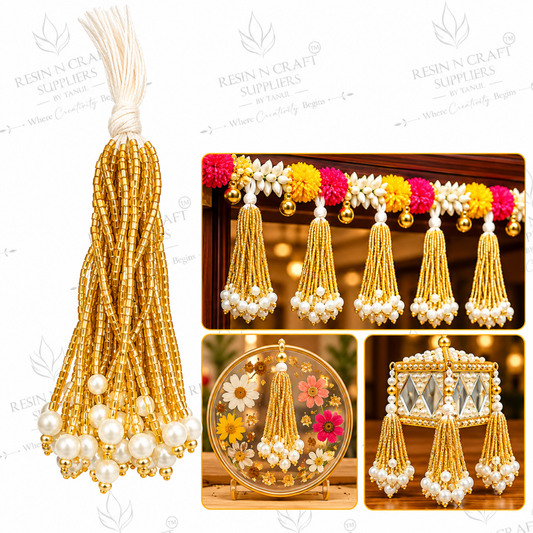 Golden Bead Pearl Latkan Pack of 10 | Gold Mala Tassels for Toran, Bandhanwar & Resin Art