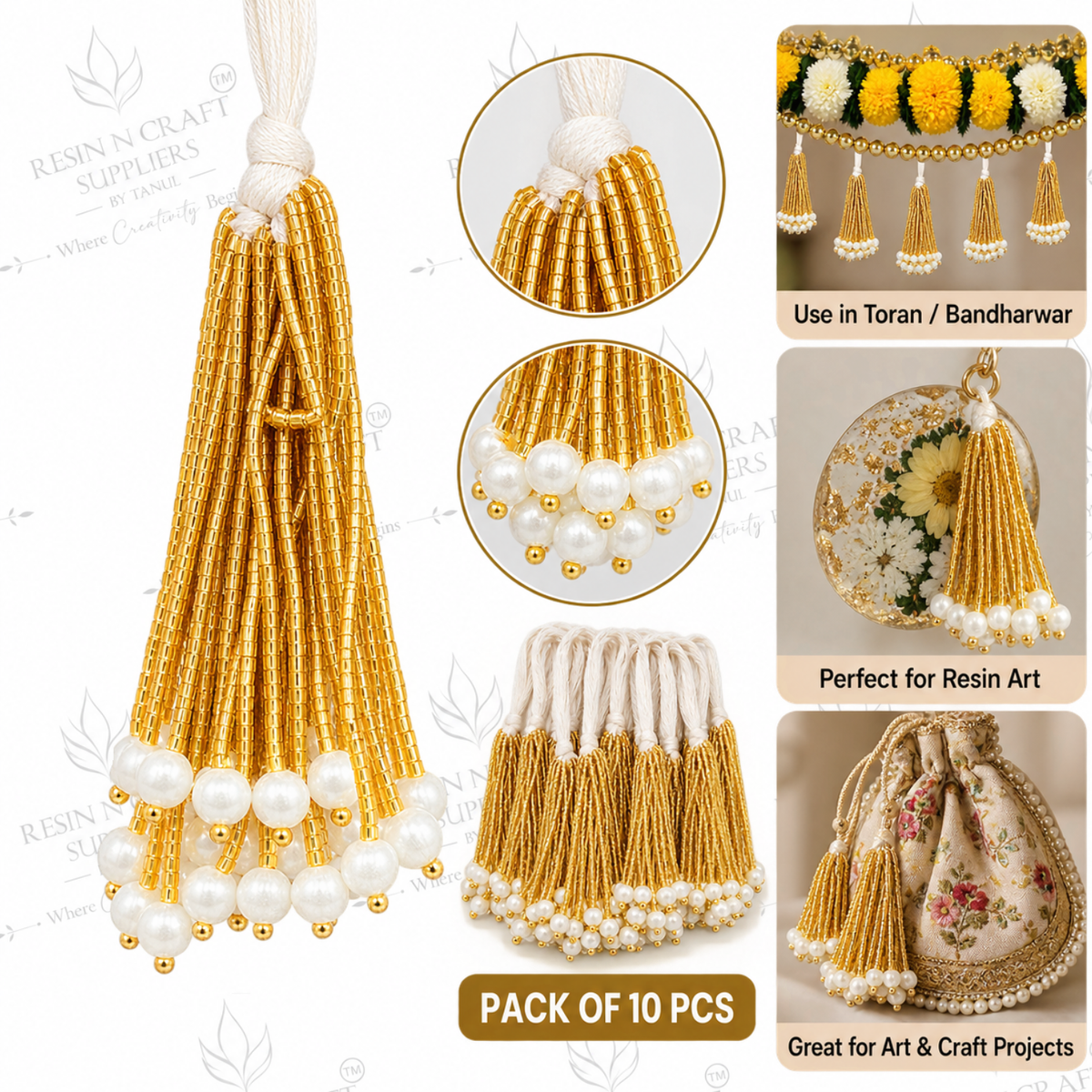 Golden Beaded Pearl Latkan for Toran & Resin Art – Decorative Mala Latkan | Pack of 10
