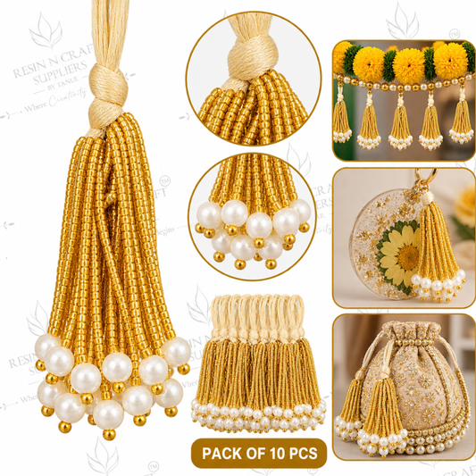 Golden Pearl Beaded Latkan – Pack of 10 | Golden Beads Tassel for Toran, Resin Art & DIY Craft