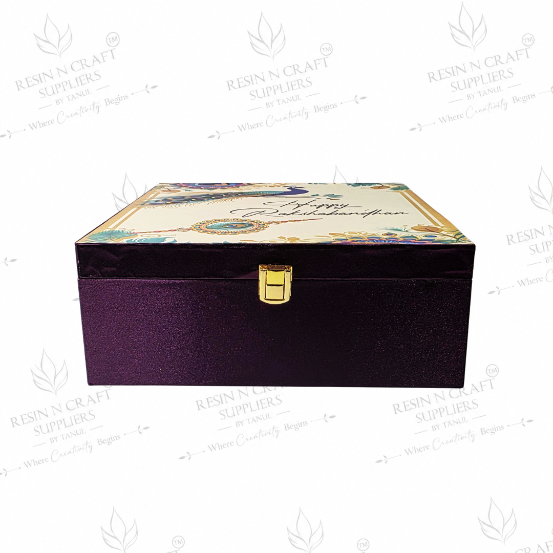Premium Peacock Theme Rakhi Hamper Box | Luxury Purple Gift Box with Metal Lock  8 Inch × 9.5 Inch × 4 Inch (Deep)