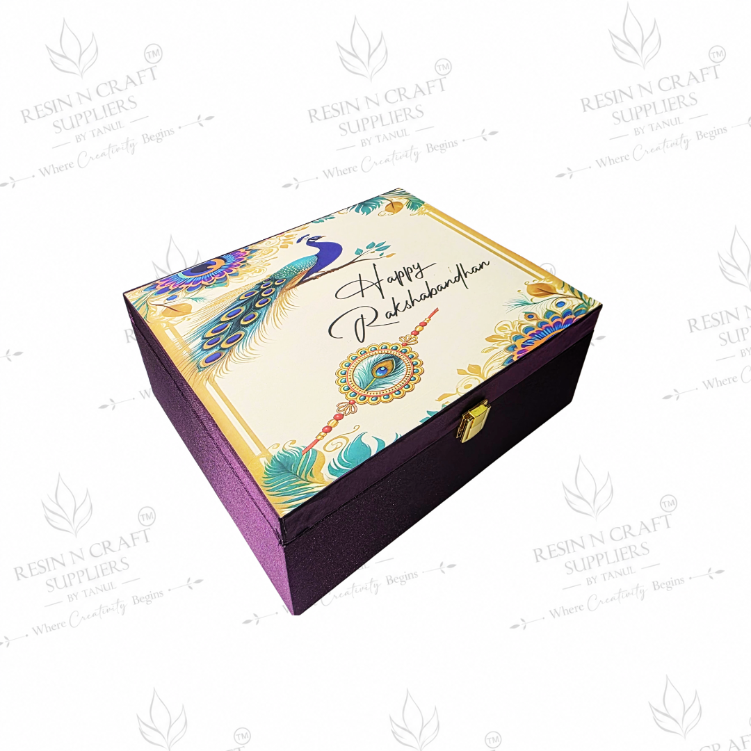 Premium Peacock Theme Rakhi Hamper Box | Luxury Purple Gift Box with Metal Lock  8 Inch × 9.5 Inch × 4 Inch (Deep)
