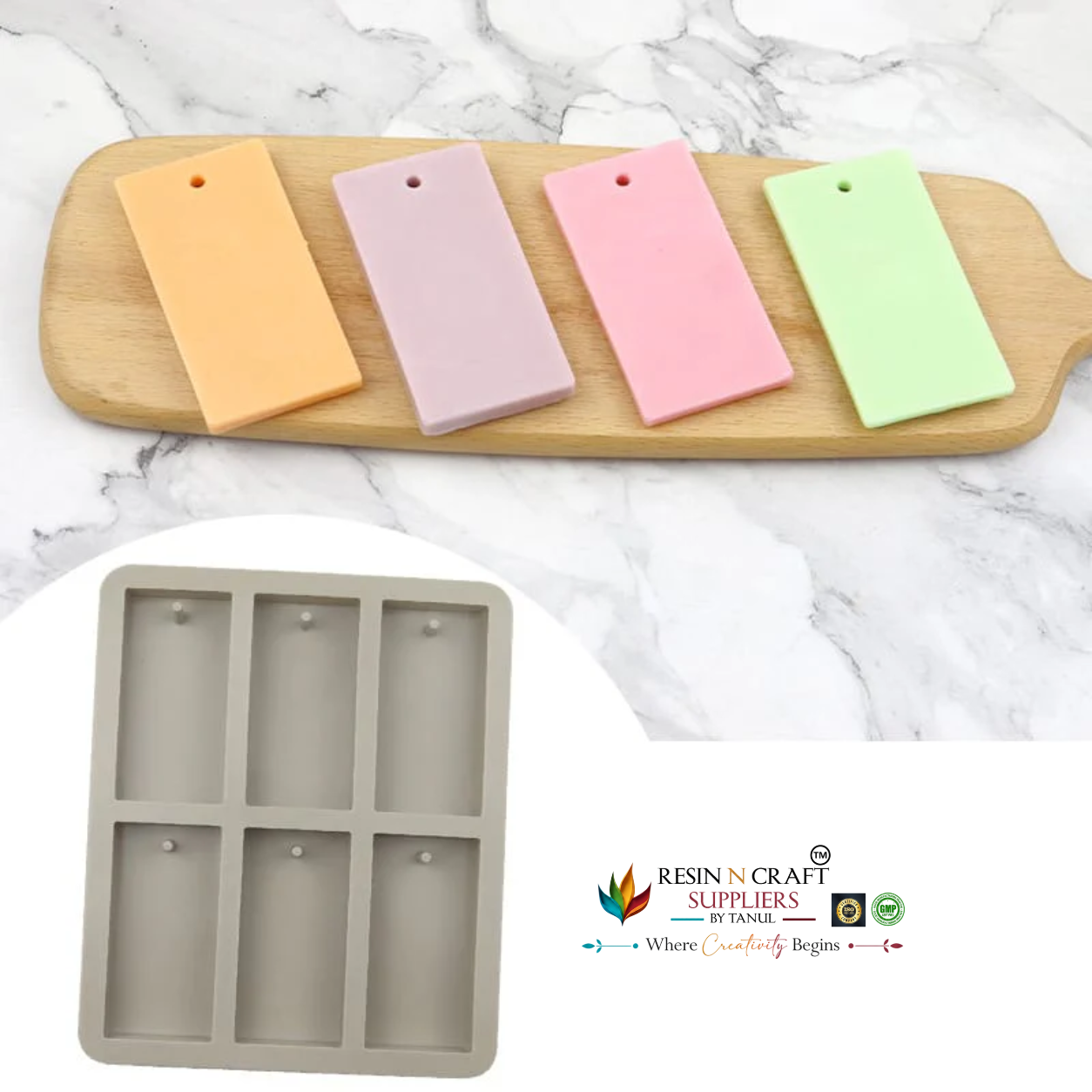 6-Cavity Rectangle Hanging Tag Mould for DIY Concrete Art, Scented Wax Sachets, Resin Crafts, Soap Making & Cake Making Silicone Mould(RSM1451M)