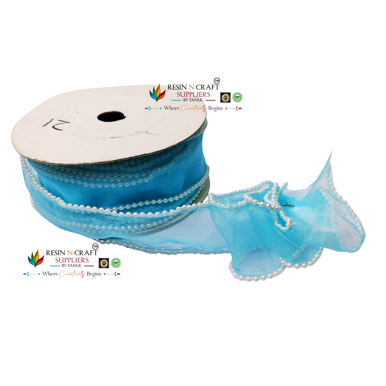 Premium Pearl Edge Net Ribbon Roll – Sky Blue (9 Meter Roll | 2 Inch / 5 CM Width)