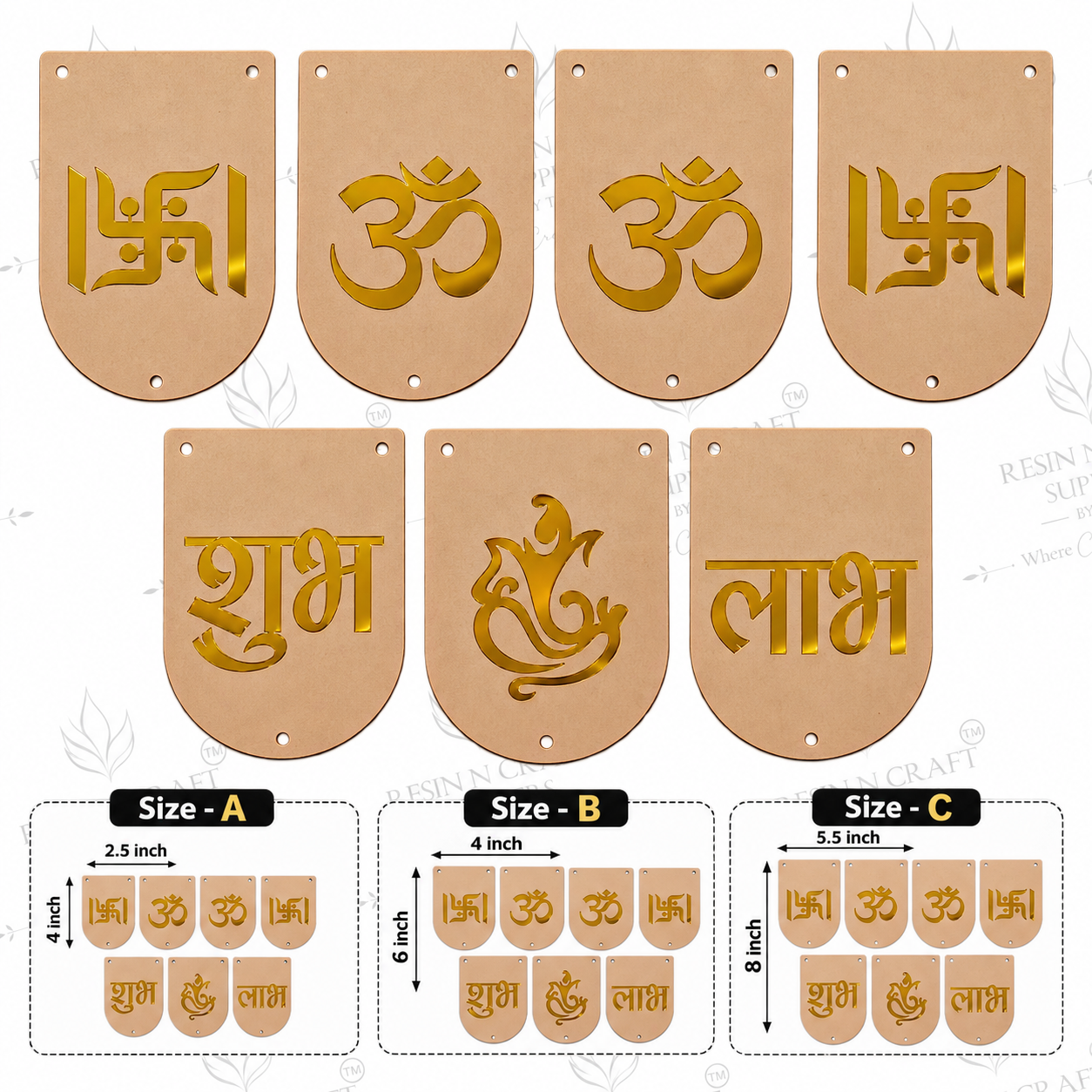 MDF Shubh Labh Rounded Toran Cutout Pack of 7 | Om, Swastik & Ganesh Hanging Décor | DIY Latkan & Door Hanging – RBT006D