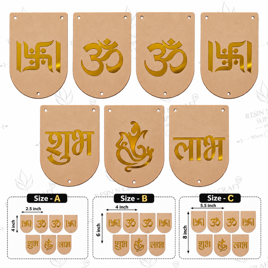 MDF Shubh Labh Rounded Toran Cutout Pack of 7 | Om, Swastik & Ganesh Hanging Décor | DIY Latkan & Door Hanging – RBT006D