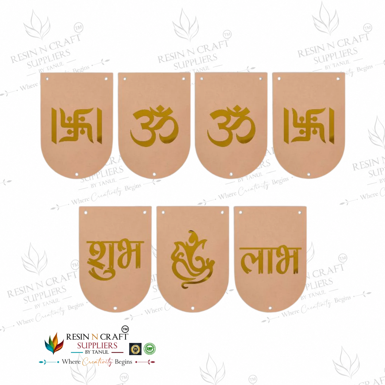 MDF Shubh Labh Rounded Toran Cutout Pack of 7 | Om, Swastik & Ganesh Hanging Décor | DIY Latkan & Door Hanging – RBT006D