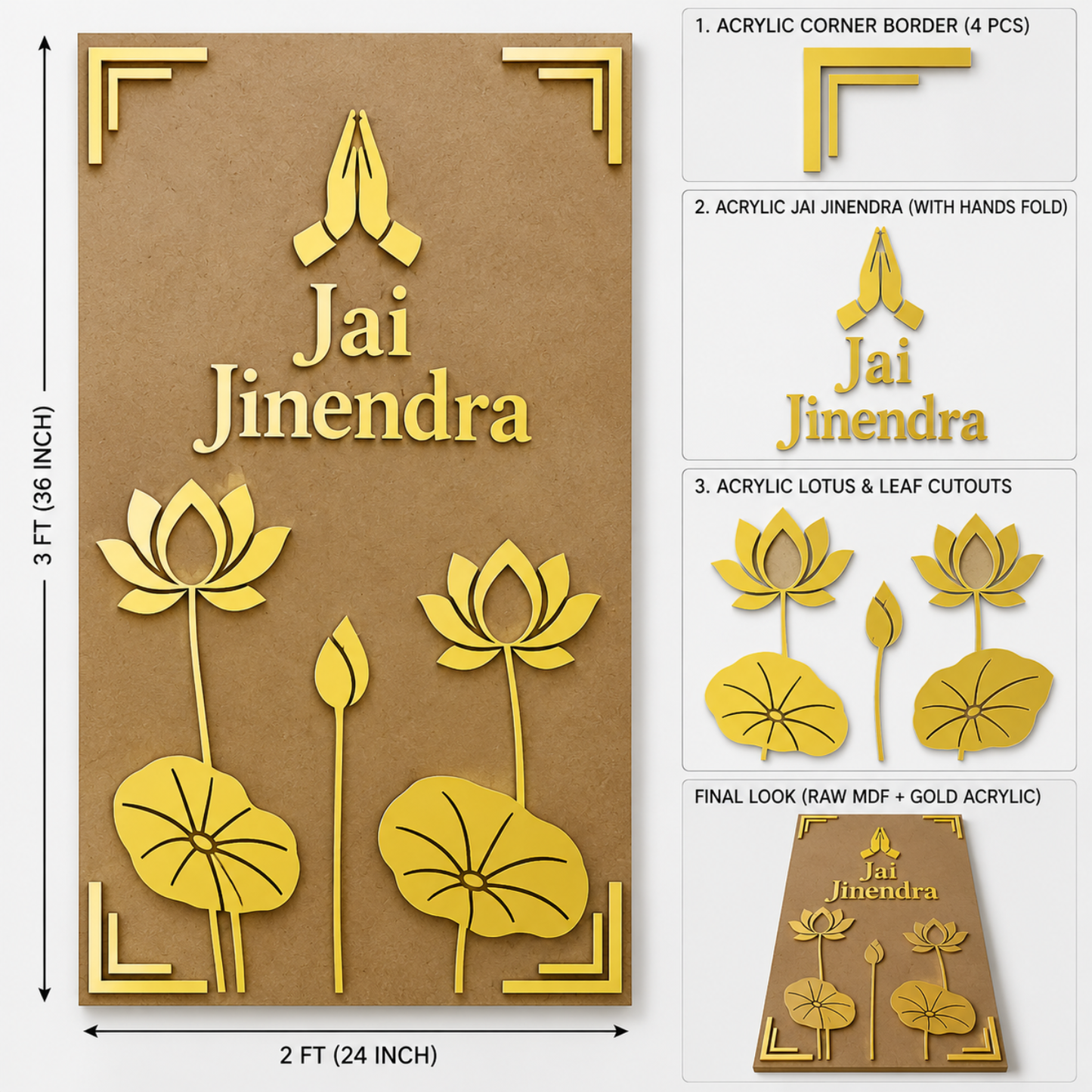 Jai Jinendra MDF & Acrylic Wall Panel Set – 3×2 FT Golden Acrylic Lotus & Pranam Cutouts