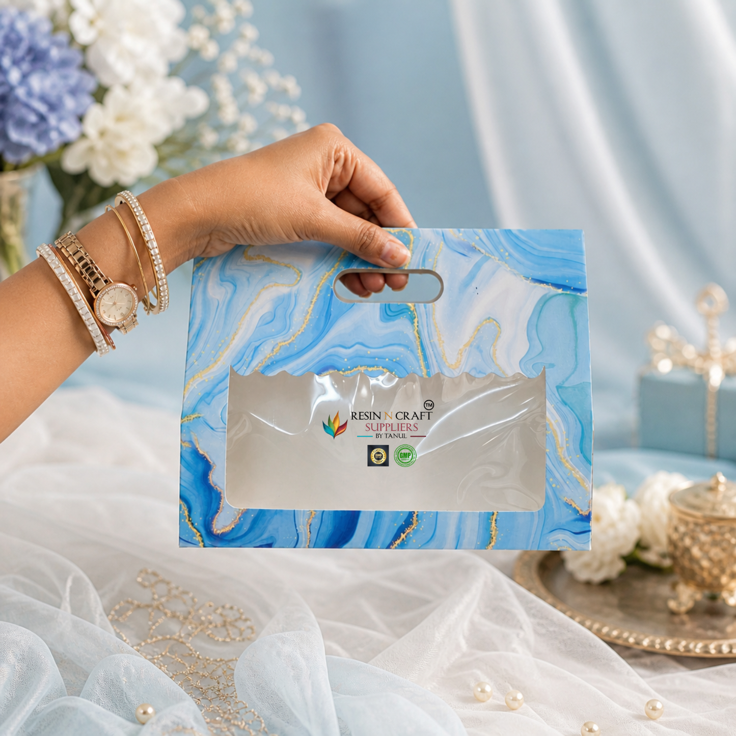 Premium Marble Print Card Paper Bag Style Gift Hamper Box with Window & Handle | 3 Jar Packaging Box