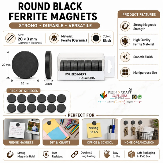 Round Black Ferrite Magnets 20 × 3 mm – Pack of 12 | Ceramic Magnets for DIY Crafts 42020