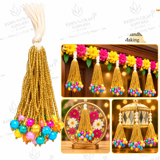 10 Pcs Golden Beaded Latkan Gucchi with Multicolour Beads | Toran, Bandhanwar & Diwali Decoration