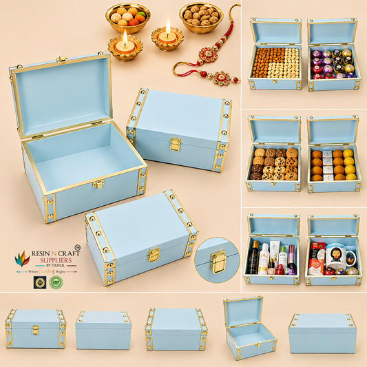 Premium Luxury Festive Hamper Box | Metal Corner Gift Box Trunk – 8 × 9.5 × 4 Inch | Powder Blue