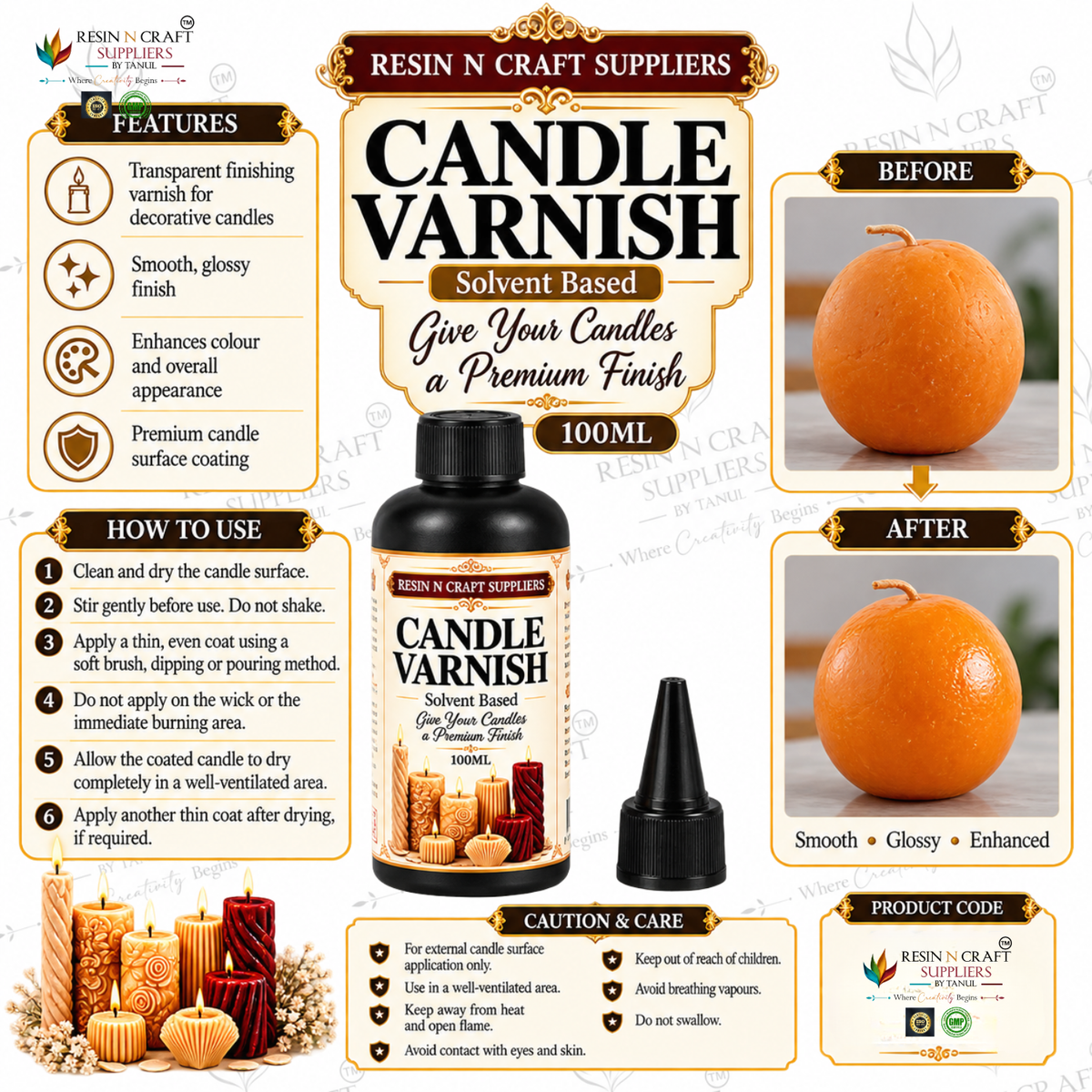 Just Craft It Candle Varnish – Solvent Based – 100ML | Glossy Candle Finishing Varnish