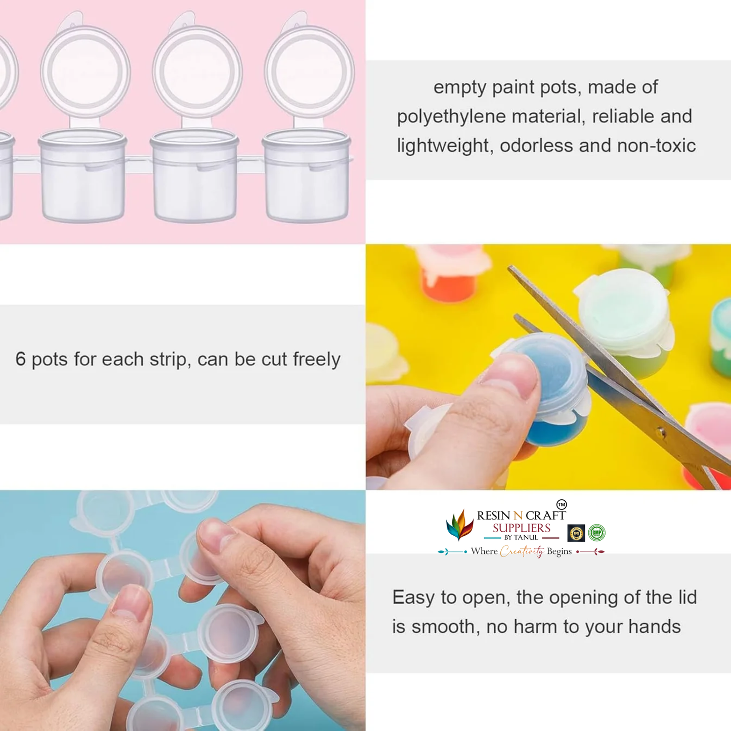 6 in 1 Empty Paint Pot Strips | 3ml Color Pots for Acrylic Paint, Resin Art, MDF, Canvas, Stone Painting & DIY Craft Projects