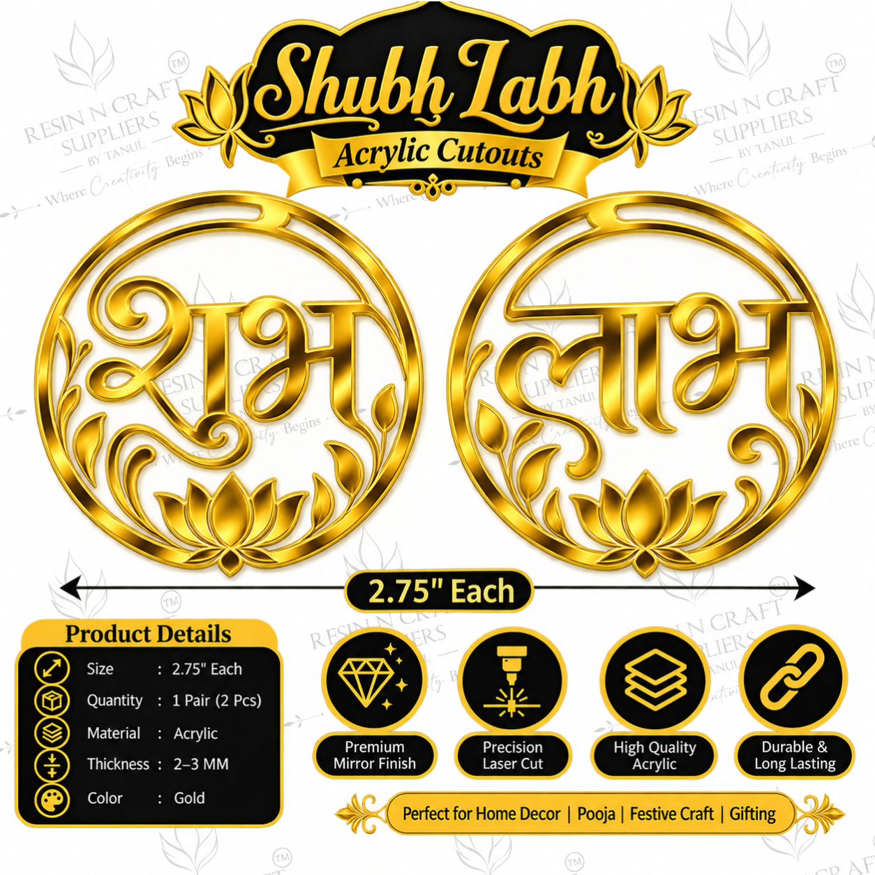 Shubh Labh Gold Acrylic Cutout – Elegant Round Pair