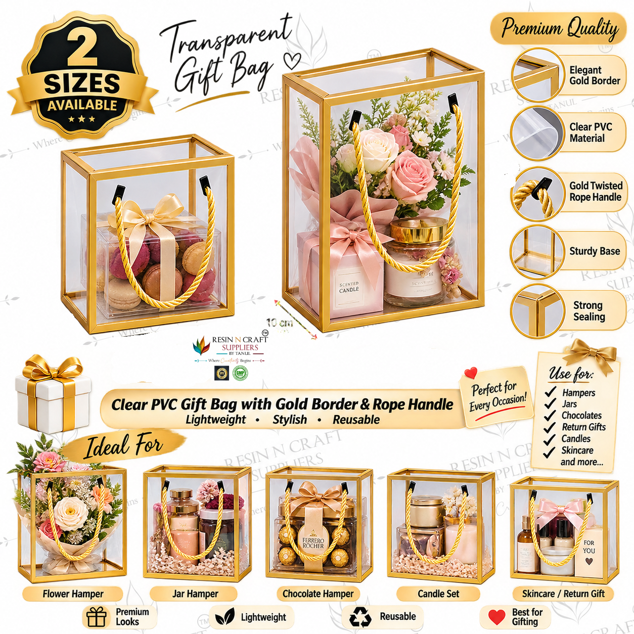 Transparent Gift Bag with Gold Border & Rope Handle | Clear PVC Hamper Packaging Box – 2 Sizes