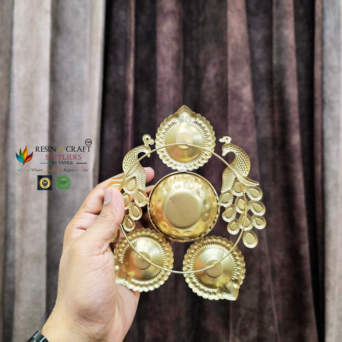 Royal Peacock Metal Urli for Candle Art & Decoration | Golden Diya Candle Holder with Anti-Slip Base