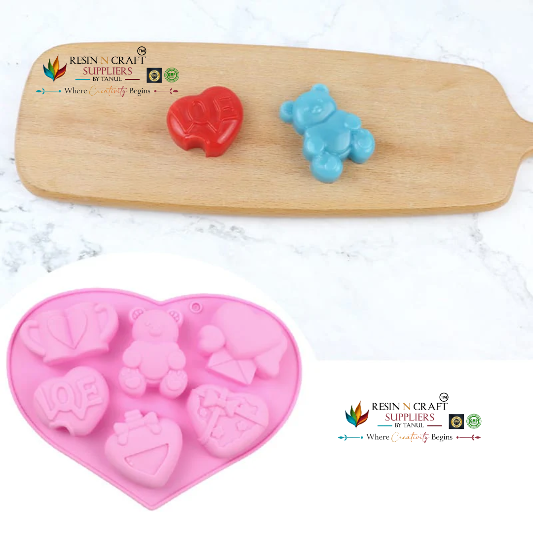 7 Cavity Valentine Teddy Bear & Love Hearts Silicone Mould for DIY Concrete Art, Resin Crafts, Soap Making & Cake Making(RSM1429M)
