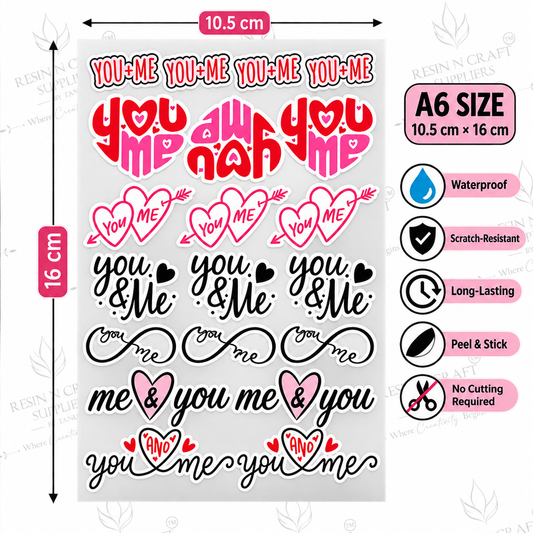 You & Me Love UV DTF Sticker Sheet A6 – Peel & Stick Waterproof Couple Stickers | UVS-144