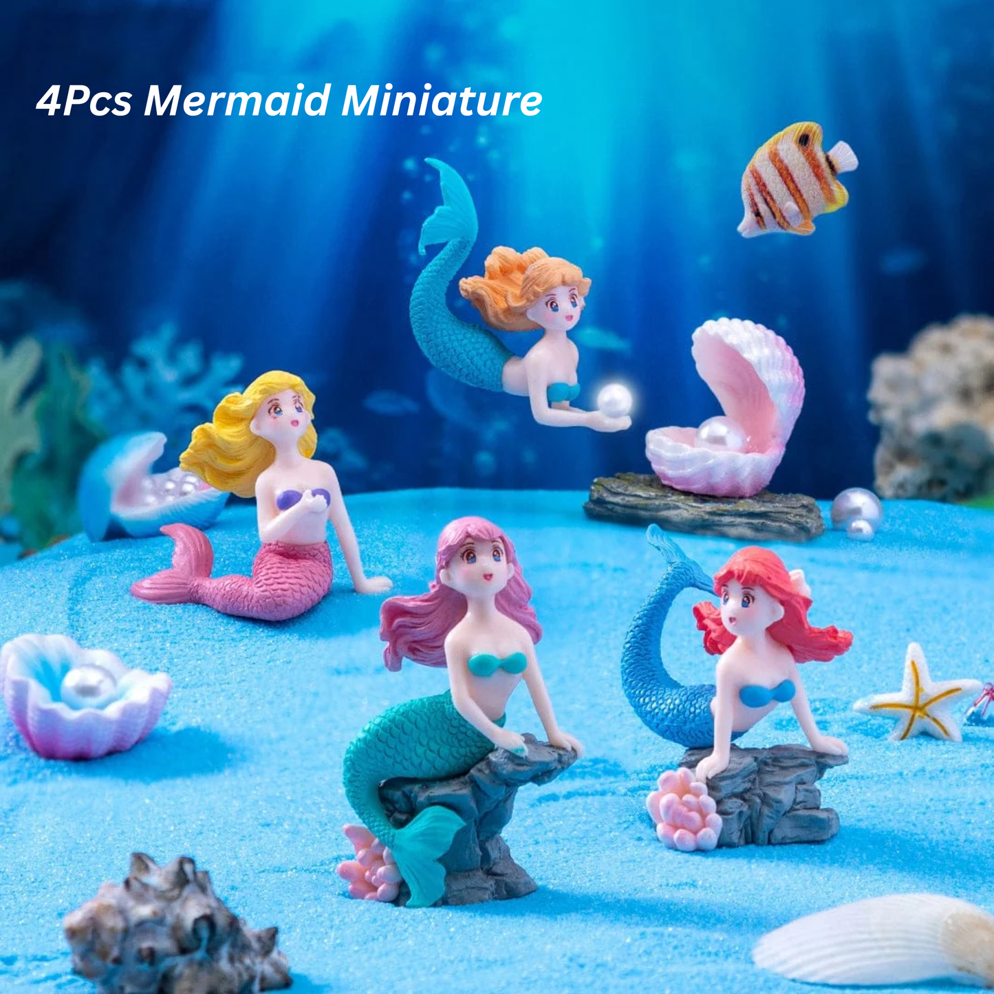 4 Pcs Mermaid Miniature Set | Ocean Theme Fairy Garden & Resin Art Decoration