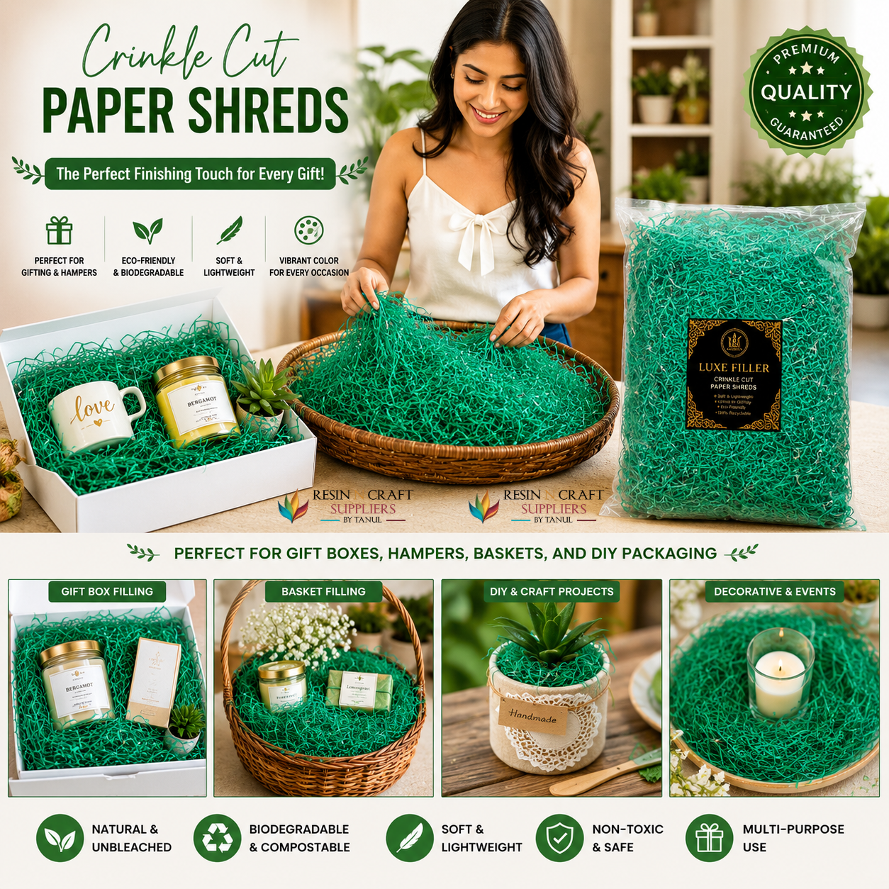 Crinkle Cut Paper Shreds For Packing – Emerald Green (40 Grams)
