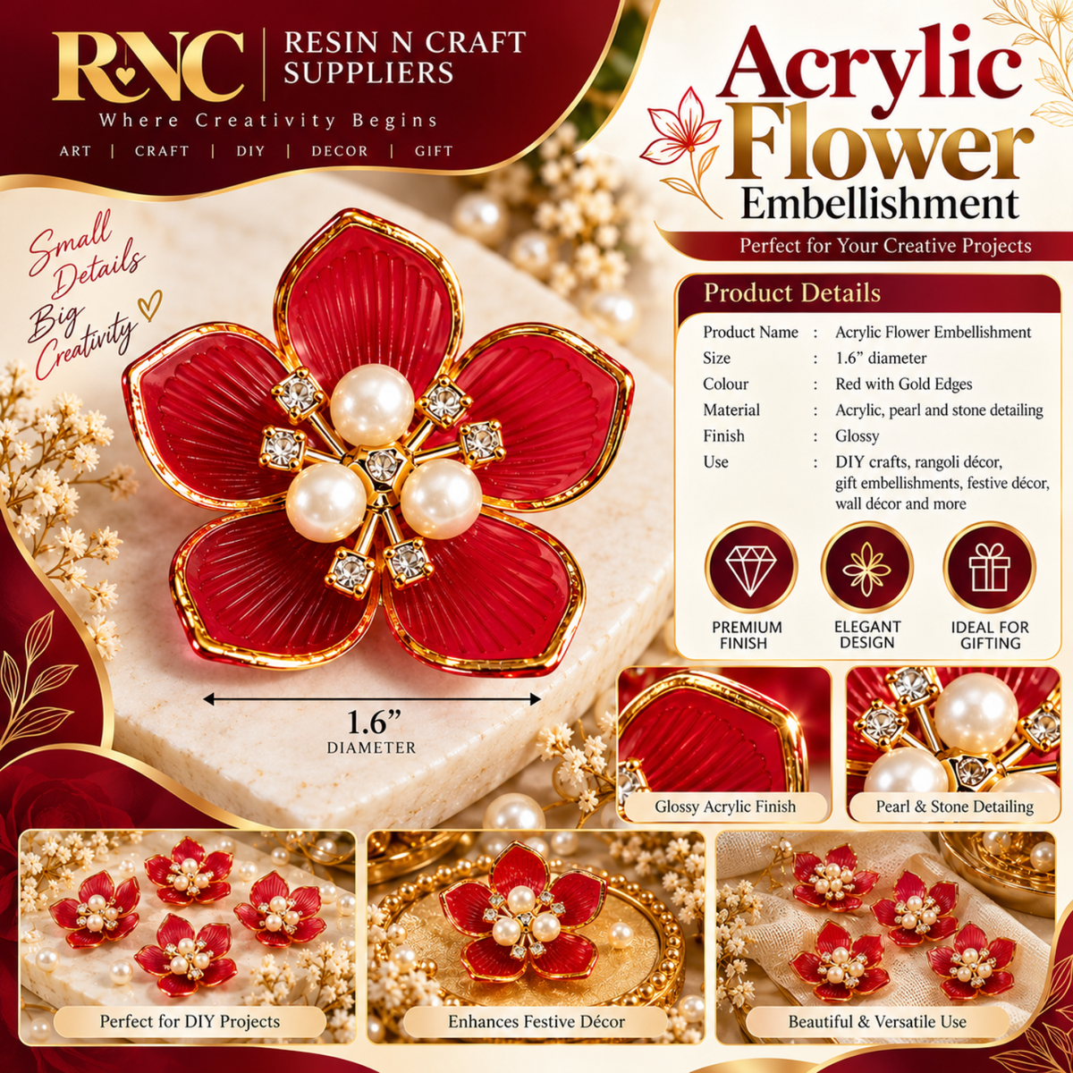 Acrylic Flower Embellishment – Premium Decorative Craft Accessory / Colourful Plastic Flower