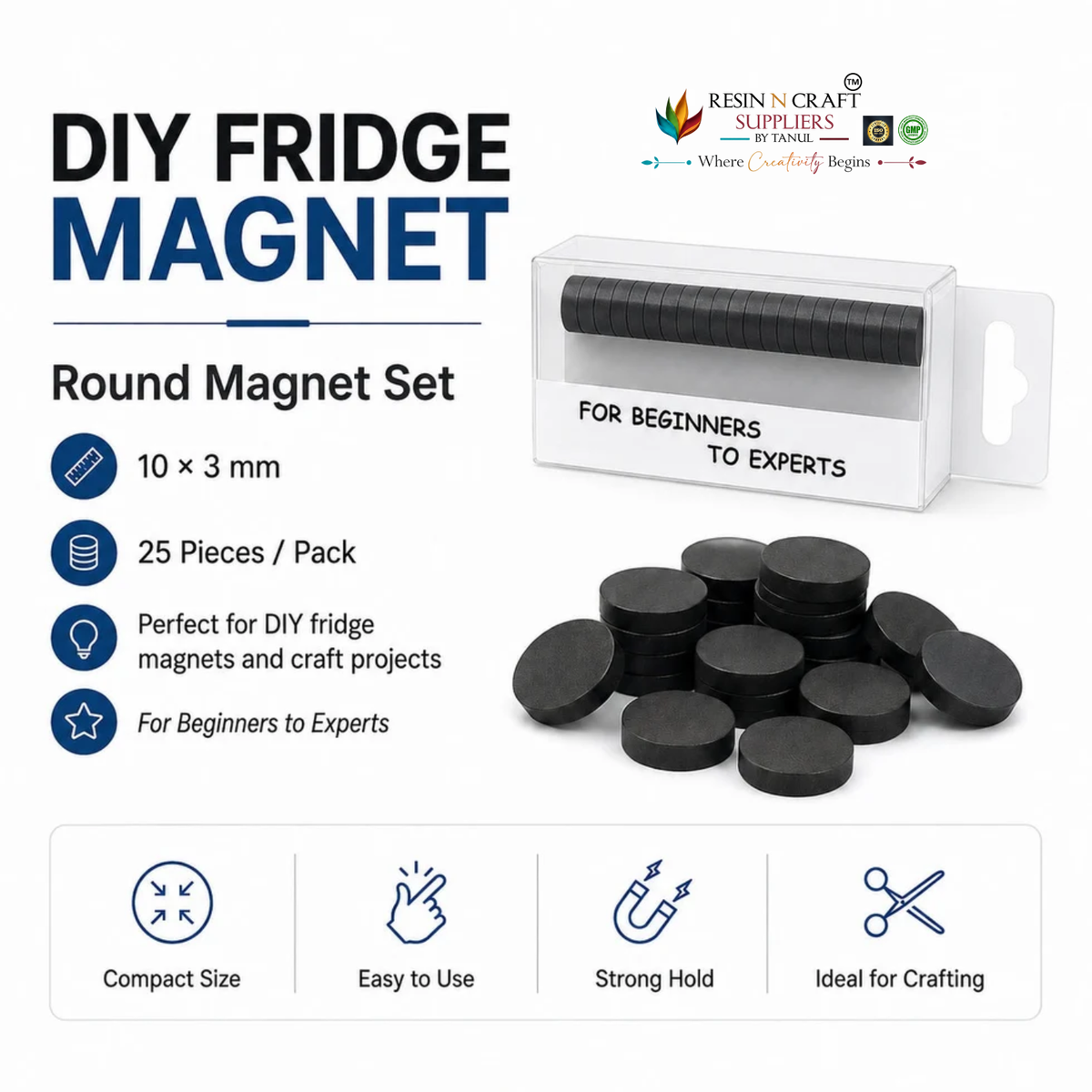 Round Black Ferrite Magnets 10 × 3 mm – Pack of 25 | DIY Fridge Magnet Making Supplies 42018