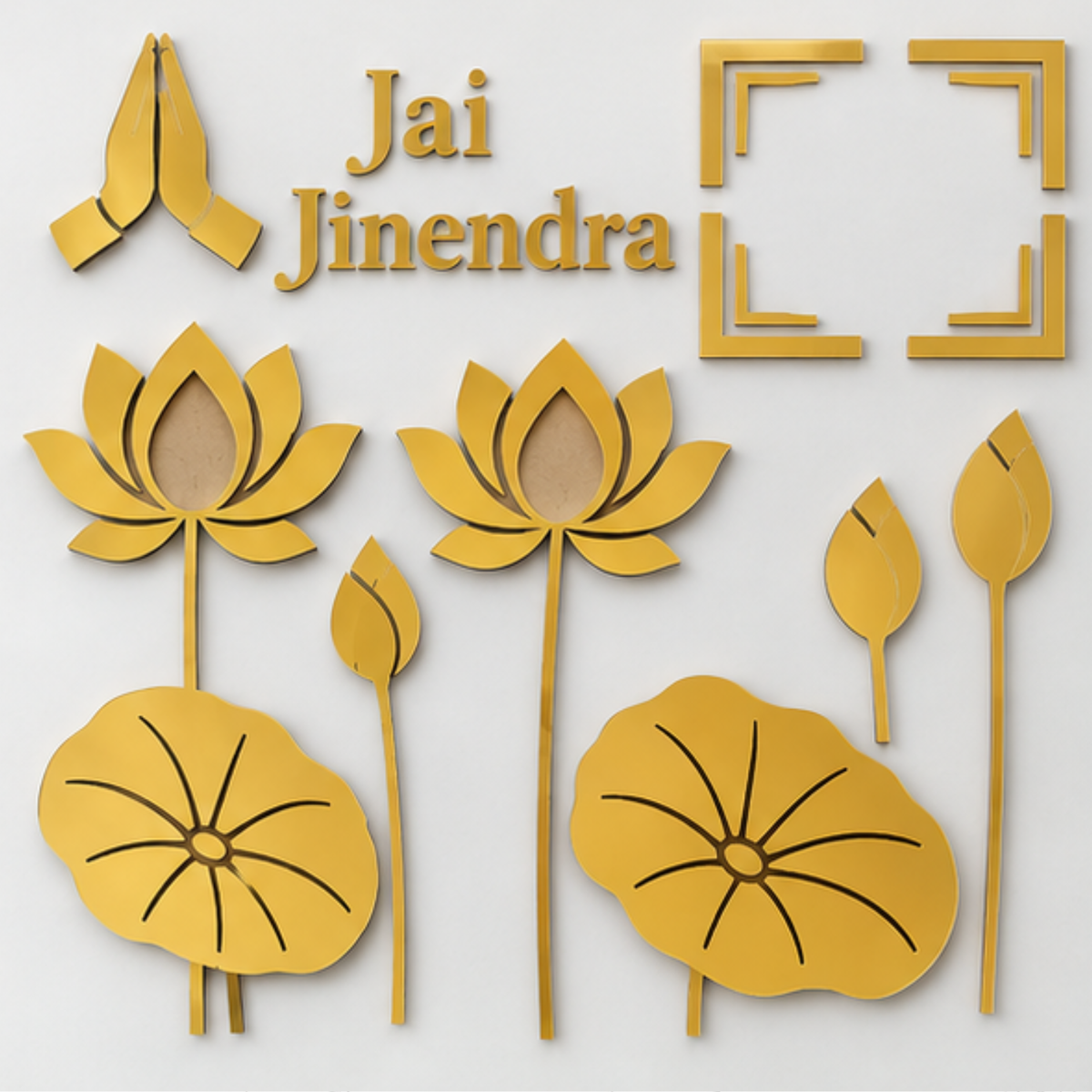 Jai Jinendra MDF & Acrylic Wall Panel Set – 3×2 FT Golden Acrylic Lotus & Pranam Cutouts