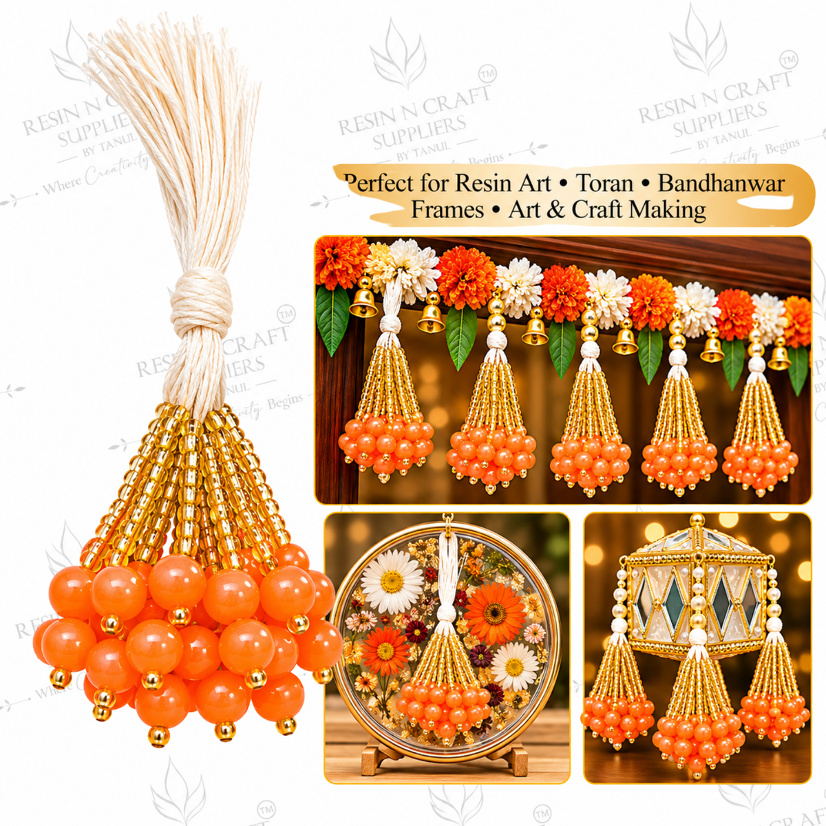 Orange Beaded Golden Latkan Gucchi Pack of 10 | Toran & Bandhanwar Making Material