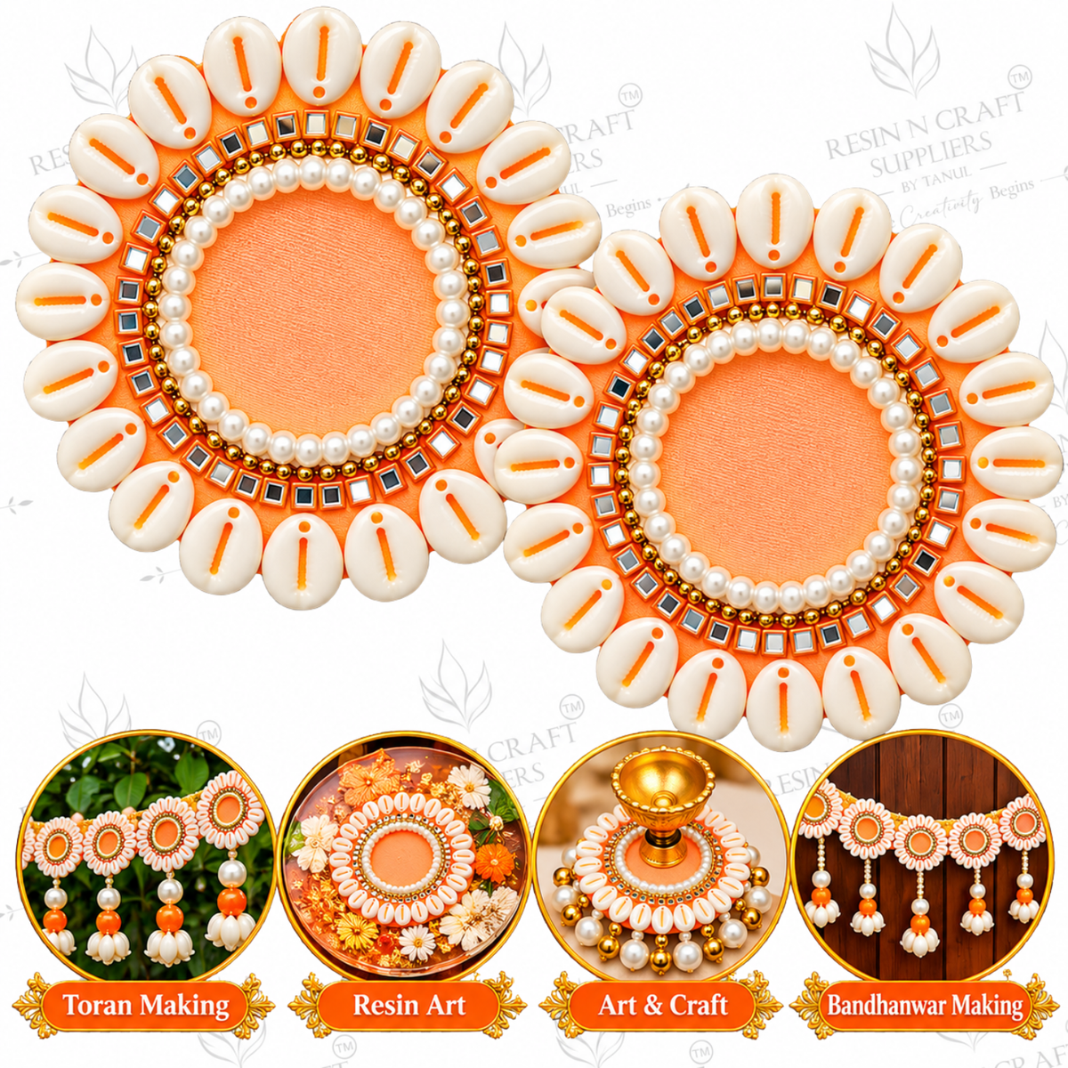 Orange Cowrie Shell Beaded Toran Patch Pair – Decorative Patch for Toran, Bandhanwar & Resin Art