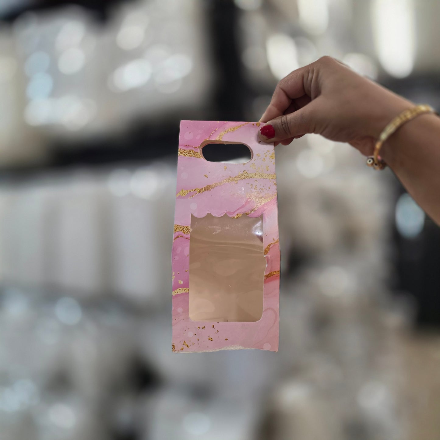 Carry Bag with Window – Card Paper Bag Style (Pink Marble Design)