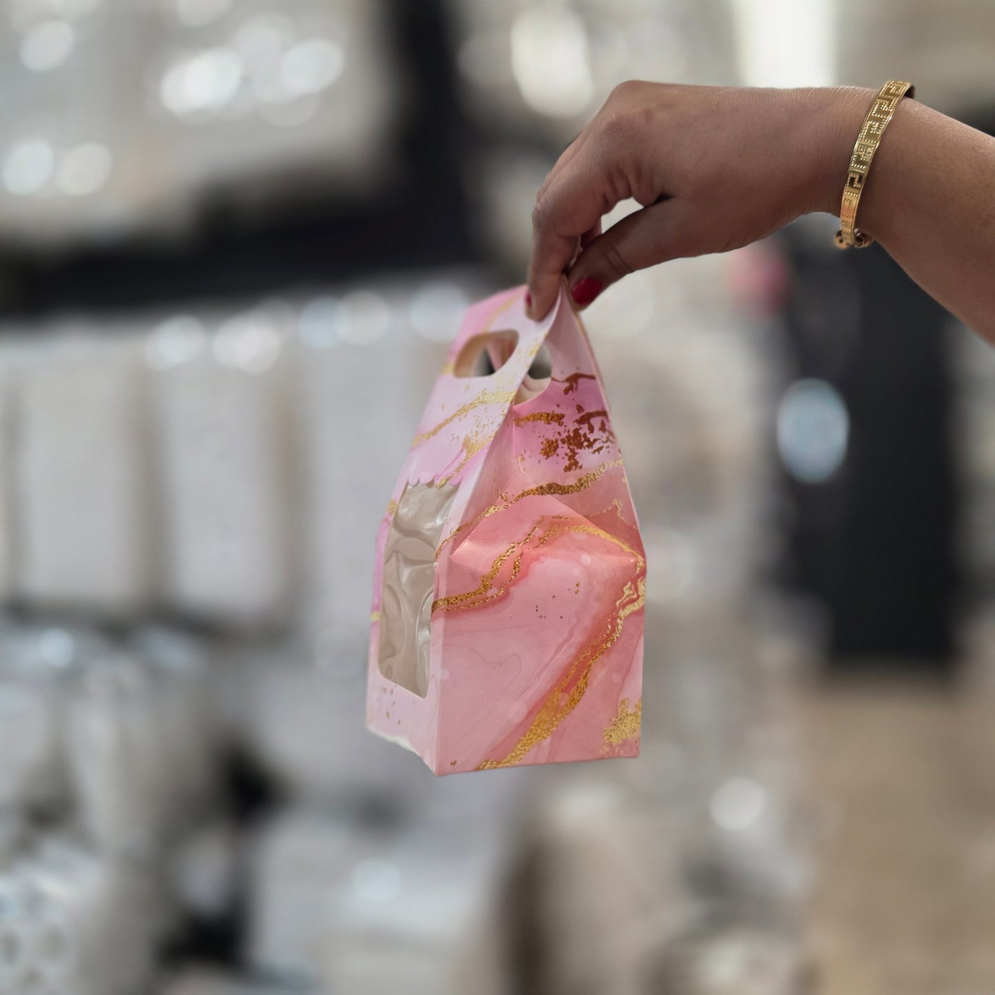Carry Bag with Window – Card Paper Bag Style (Pink Marble Design)