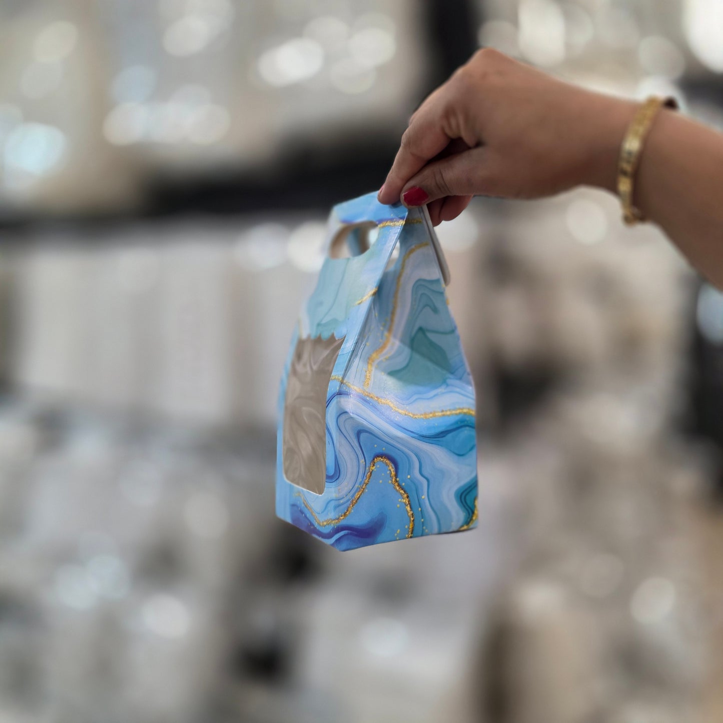 Carry Bag with Window – Card Paper Bag Style (Blue Marble Design)