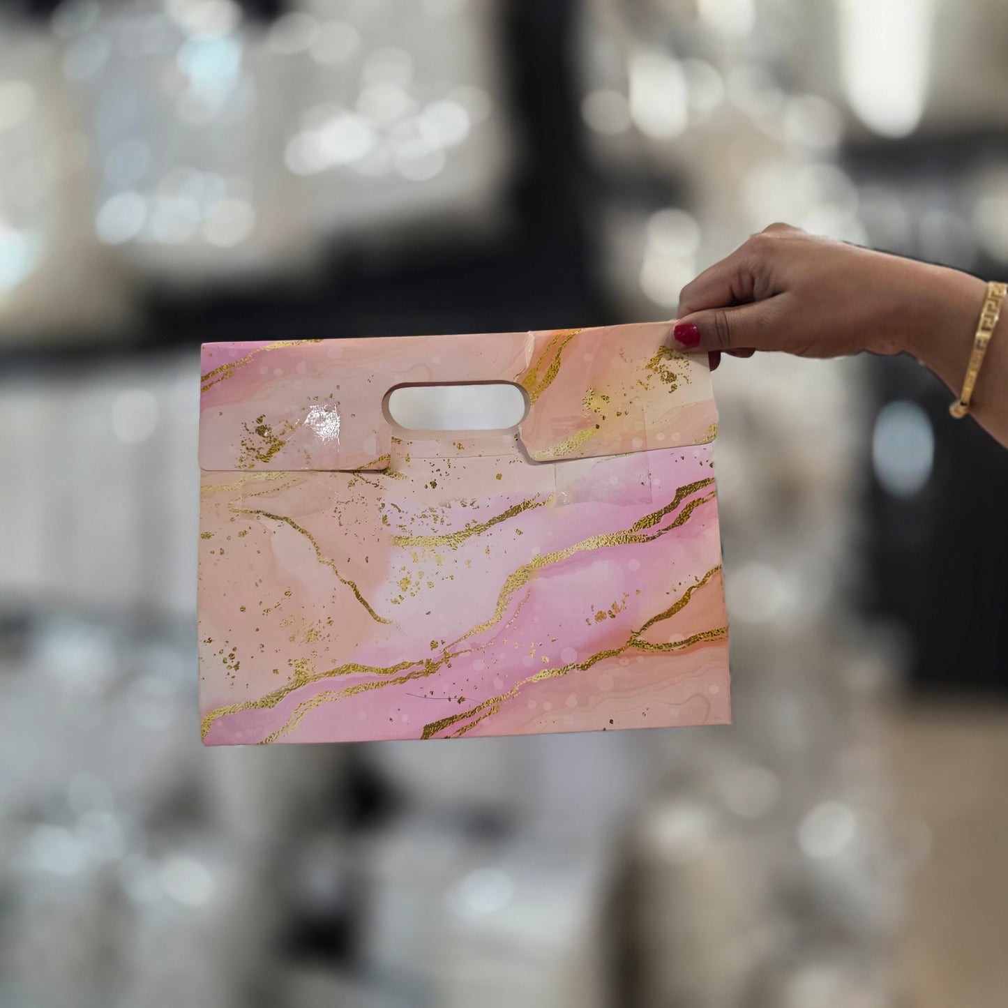 Carry Bag with Window – Card Paper Bag Style (Pink Marble Design)