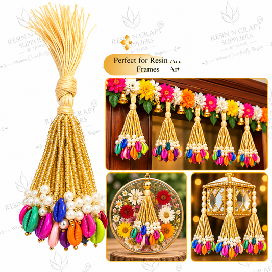 Multicolour Shell Latkan Gucchi with Golden Beads & Pearls – Pack of 10 for Toran Making